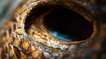 Close-up view of a hollow natural structure with textured brown surface resembling reptile scales.