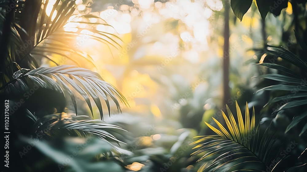 Poster serene tropical rainforest with sunbeams creating a tranquil natural atmosphere : generative ai