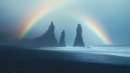 A vibrant rainbow stretching across the sky above a black sand beach with rocky formations