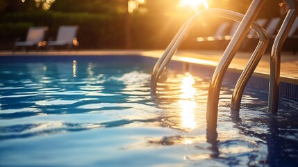 Tranquil Swimming Pool Environment at Sunrise with Sunlight Caressing the Water Surface : Generative AI