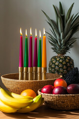 Kwanzaa celebration in a cozy living room with a lit kinara, traditional African decor, and fruits. Warm ambient lighting and vibrant colors reflect the spirit of unity and cultural pride.