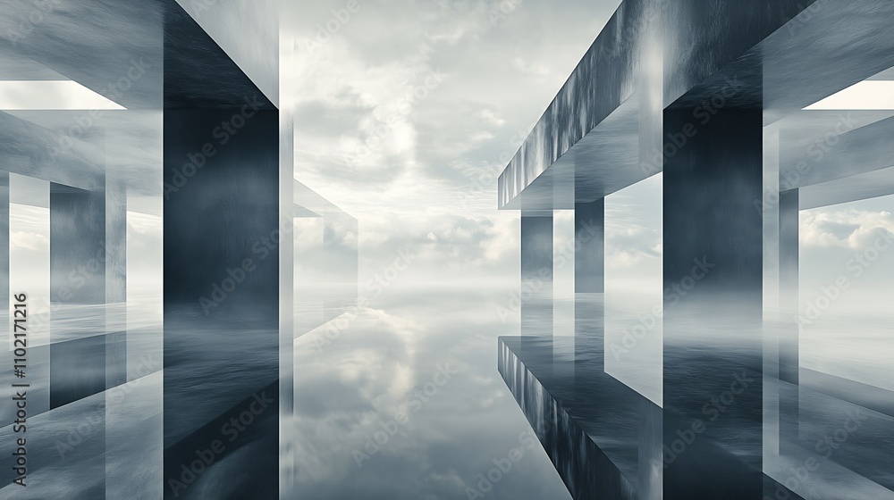 Aufkleber Modern architectural abstract with reflections and cloudy sky background : Generative AI