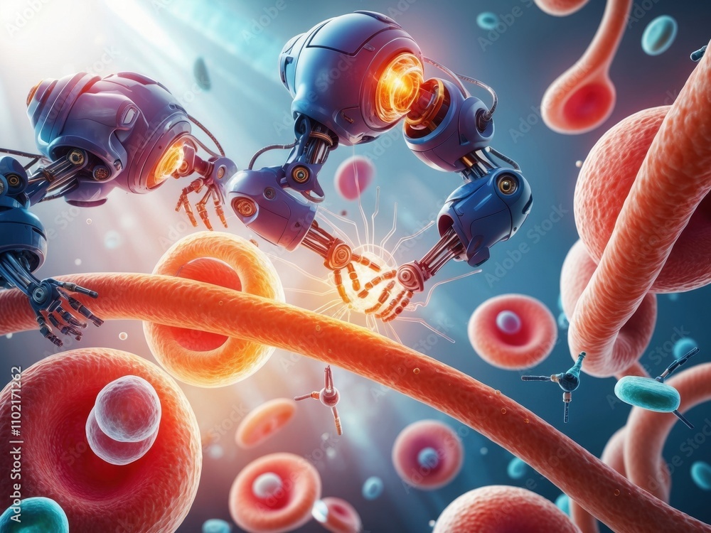 Poster nano robots healing the body at the cellular level by targeting and destroying bad cells, showcasing