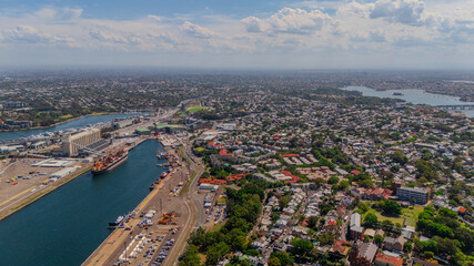 Aerial View of Sydney Harbour Balmain Darling harbour Sydney CBD cockle Bay Wharf North Sydney harbour bridge Lavender Bay Milsons Point Manly on a warm summer day blue skies 