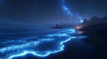 A night scene of bioluminescent waves glowing on a black sand beach under a clear starry sky