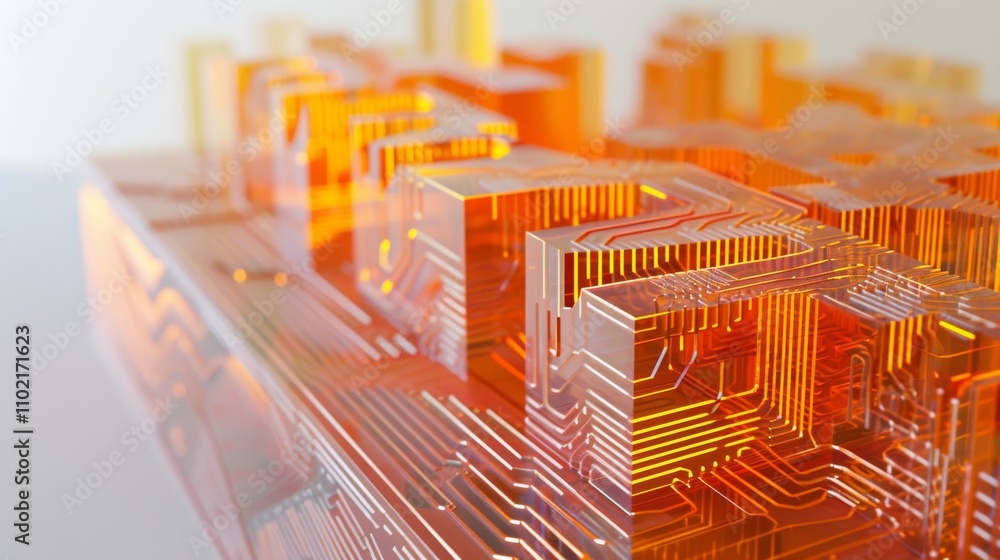 Poster a complex circuit board design encased in a transparent, orange-tinted block. the intricate details 