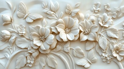 detailed relief sculpture featuring flowers and butterflies in soft tones.