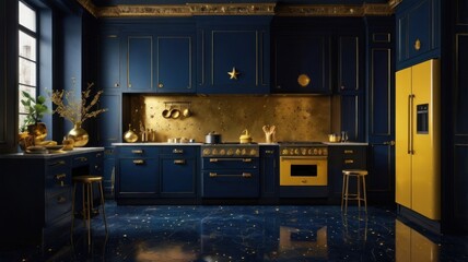 Luxurious navy and gold kitchen interior.
