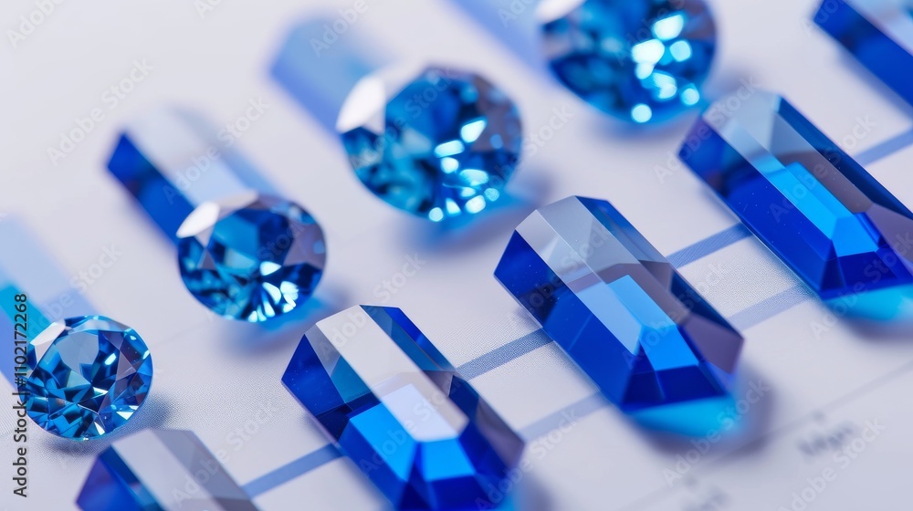 Poster various shapes of blue gemstones are meticulously arranged on a catalog sheet. the gemstones range f