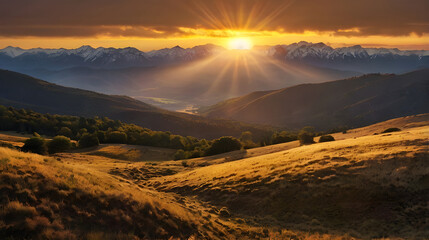 Obraz premium On the distant mountains, the sun's final rays create a shimmering light Ai