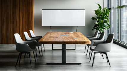 Sleek modern meeting space featuring wooden table and ergonomic chairs, perfect for collaborative discussions and presentations. large windows provide natural light and refreshing atmosphere