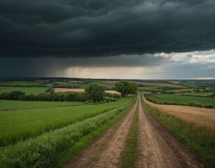 Fototapeta premium Endless rural road under dark, stormy clouds, cutting through green fields, symbolizing both tranquility and the power of nature