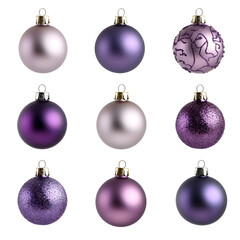 Collection of ombre purple Christmas balls in various textures and finishes