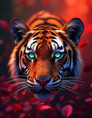 a pair of tiger eyes on ruby, red yellow green blue orange purple and white colors, ray, light, three-dimensional life, scattering leaves, flying leaves, lights
