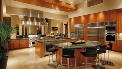 Modern Kitchen with Island, Stainless Steel Appliances, and Wooden Cabinets