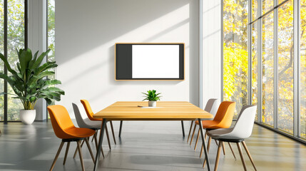 Bright conference room featuring wooden table, modern chairs, and large windows with view of greenery. space is designed for collaboration and creativity