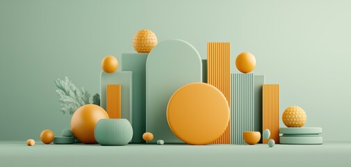 design style eclectic layout concept. A modern composition of geometric shapes and spheres in muted green and vibrant orange, creating a visually striking and balanced design.