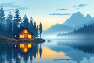 Fototapeta premium Natural therapy. A serene lakeside cabin illuminated at dusk, surrounded by tall trees and mountains, reflecting on the calm water, creating a peaceful and tranquil atmosphere.
