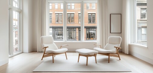 design style eclectic layout concept. A minimalist living room with light-colored furniture, large windows, and a view of an urban landscape.