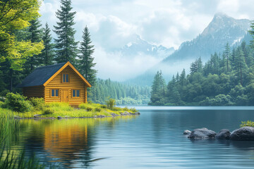 Fototapeta premium Natural therapy. A tranquil lakeside scene featuring a cozy wooden cabin surrounded by lush greenery and mountains in the background.