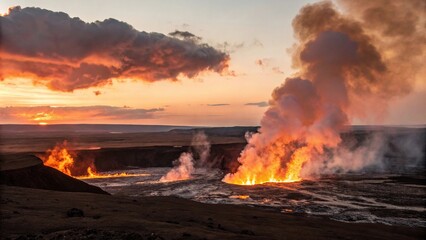 Large flames rising from a volcanic landscape at sunset, fire, blazing sky, volcanic ash, fiery clouds