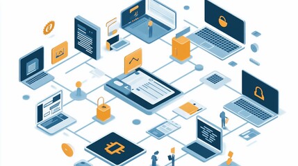 Obraz premium Networked devices, laptops, smartphones, tablets, and servers exchanging data, illustrating secure digital infrastructure.