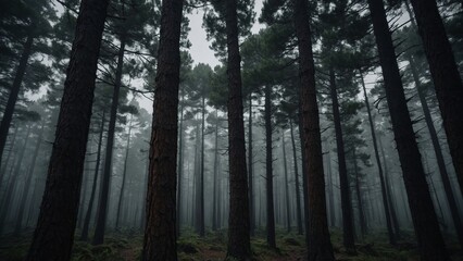 Obraz premium Gloomy spooky evergreen pine forest trees landscape with dark foggy light