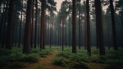 Fototapeta premium Tall pine trees evergreen forest woodland nature wallpaper background