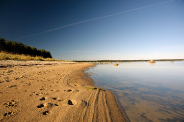 A serene beach scene featuring soft sand, scattered footprints, and calm water reflecting the clear blue sky. The golden light highlights the grassy dunes and creates a peaceful coastal atmosphere.