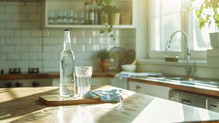Kitchen table with a water bottle, glass, and napkin on a board.