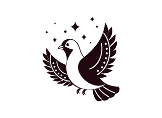 Elegant Dove Illustration with Stars - Minimalist Black and White Bird Art