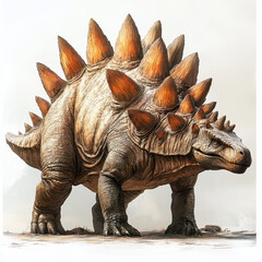 Fototapeta premium artistic composition of Stegosaurus with prominent spikes, showcasing its unique features against clean white background. This dinosaur evokes sense of prehistoric wonder and strength