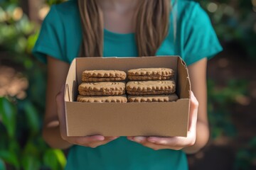 Girl Scout Selling Cookie Boxes: Marketing & Money Management Skills Learning Background