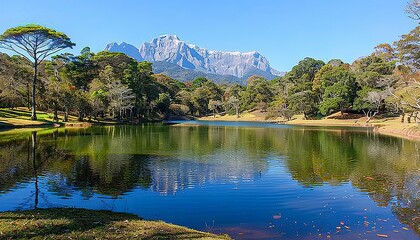 Fototapeta premium Tranquil lake with pine trees and mountain reflections creating a serene natural landscape