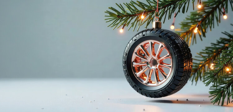 3D toy in the form of a car tire hanging on fir branches with lights and Christmas decor on a gray background. Banner with copyspace for text