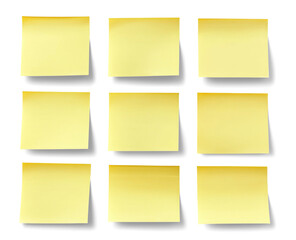 Blank yellow sticky notes creating a grid on transparent background