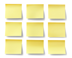 Blank yellow sticky notes creating a grid on transparent background