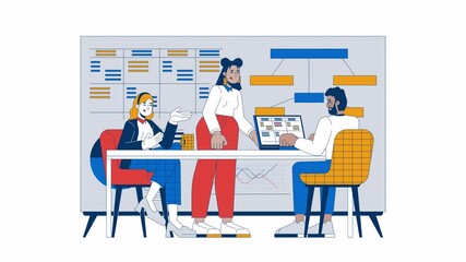 Productive collaboration in meeting room cartoon animation. Business startup analytics 4K video motion graphic. Briefing team members diverse animated 2D characters isolated on white background - Powered by Adobe