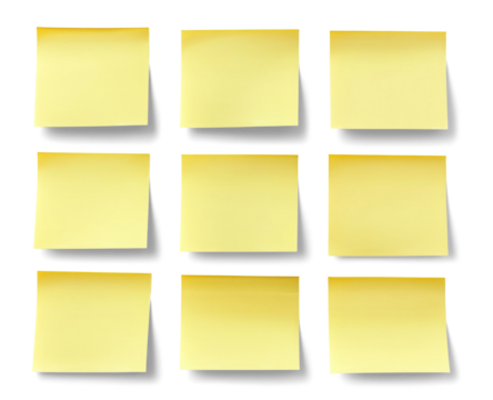 Blank yellow sticky notes creating a grid on transparent background