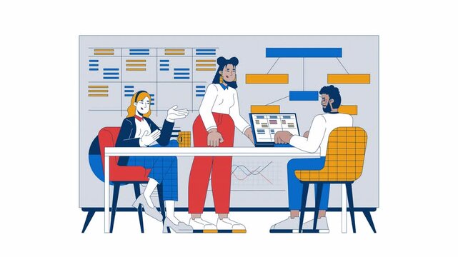 Productive collaboration in meeting room cartoon animation. Business startup analytics 4K video motion graphic. Briefing team members diverse animated 2D characters isolated on white background