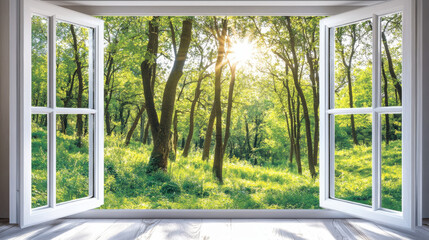 serene view from open window overlooking tranquil green forest