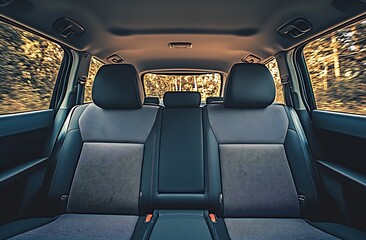 Fototapeta premium Cozy backseat interior of a car with sleek grey seats illuminated by soft lighting : Generative AI