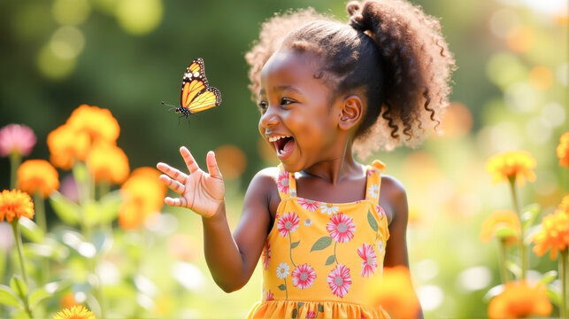 Little girl joyfully interacts with a butterfly in a vibrant flower garden during a sunny day
