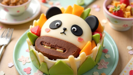 Delicious panda-shaped cake with vibrant colors presented on a playful plate in a cheerful kitchen setting