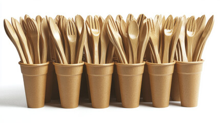 Organized wooden cutlery in biodegradable cups on white background