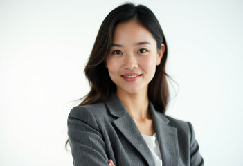Confident Asian businesswoman in a grey pinstripe suit  smiling warmly against a white background.