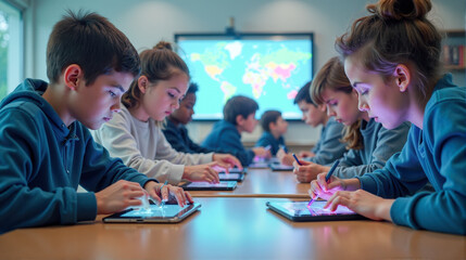 Obraz premium Students engaged in interactive learning with tablets in a modern classroom setting during daytime