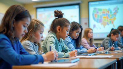 Students engaged in interactive learning with tablets in a modern classroom setting during daytime