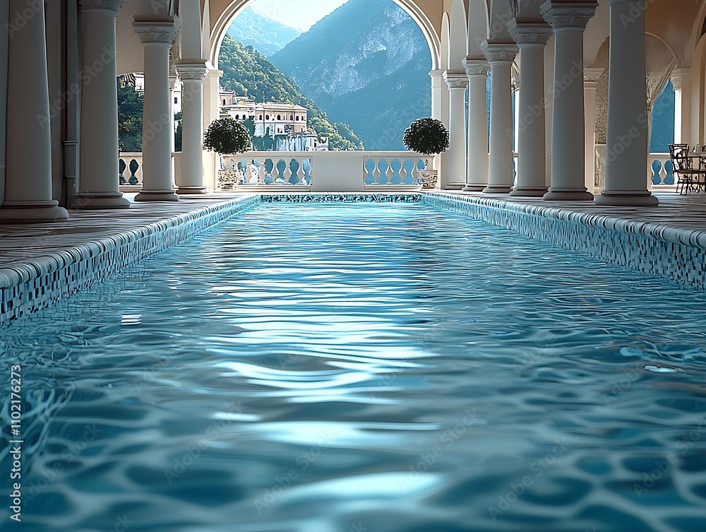 Poster serene pool with mediterranean architecture offering a peaceful mountain escape : generative ai