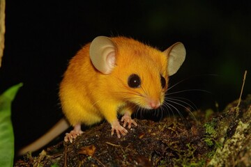 Golden Mouse in Forest Night. Small Cute Brown Rodent in Wildlife Photo